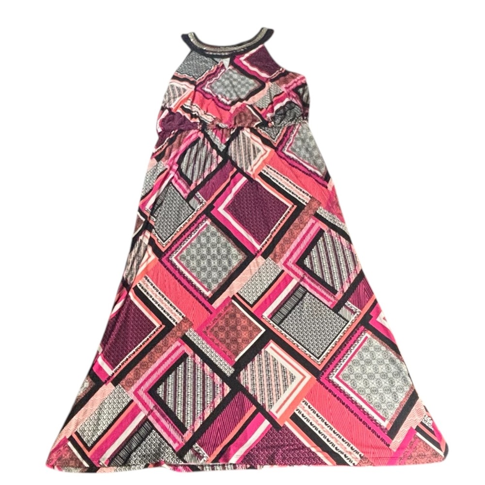 Studio One Maxi Dress Women XL‎ Pink Geometric Halter Embellished Neckline Boho